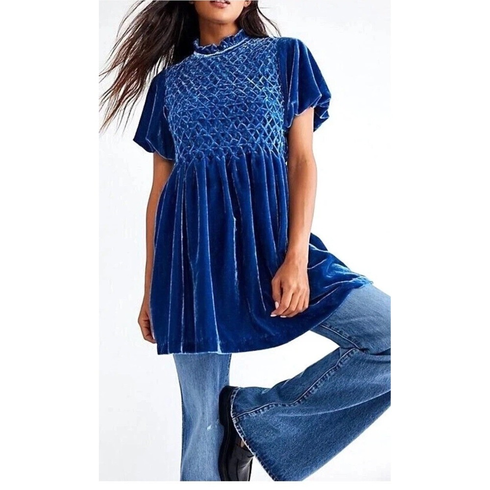 Free People S Gum Drop Velvet Open Back Mini Dress Bright Blue Smocked Tie Boho